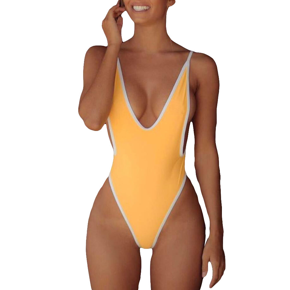 Summer Sexy Women Color Block Deep V Backless Monokini Beach One-piece Swimwear