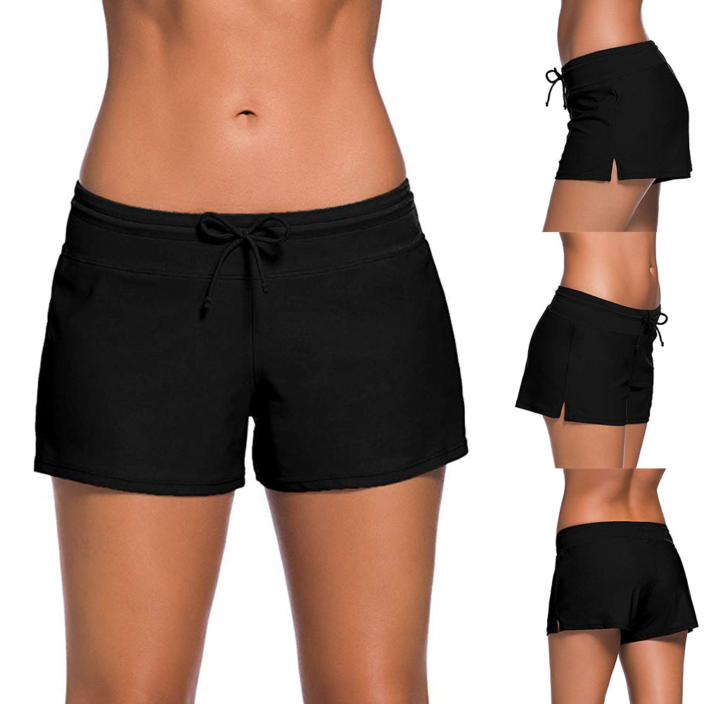 Solid Color Women Drawstring Waistband Swimming Bottoms Summer Beach Boy Shorts