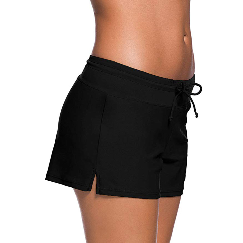 Solid Color Women Drawstring Waistband Swimming Bottoms Summer Beach Boy Shorts