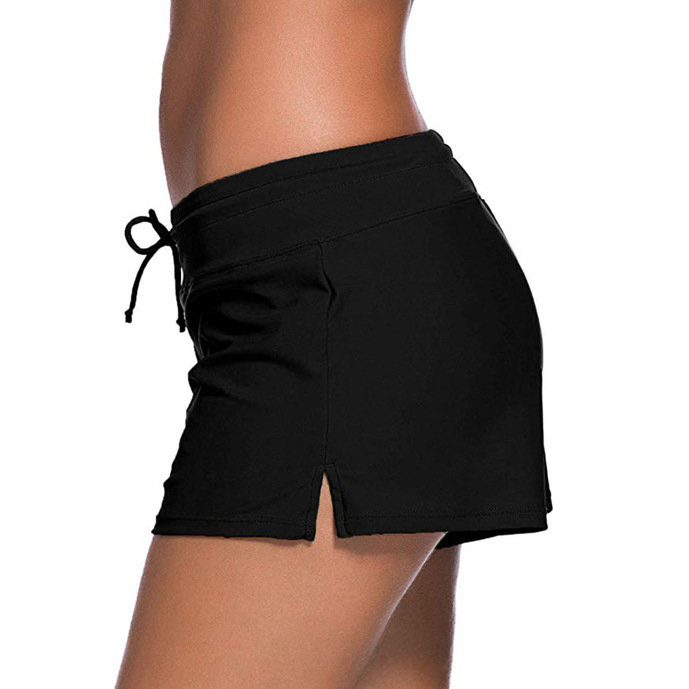 Solid Color Women Drawstring Waistband Swimming Bottoms Summer Beach Boy Shorts
