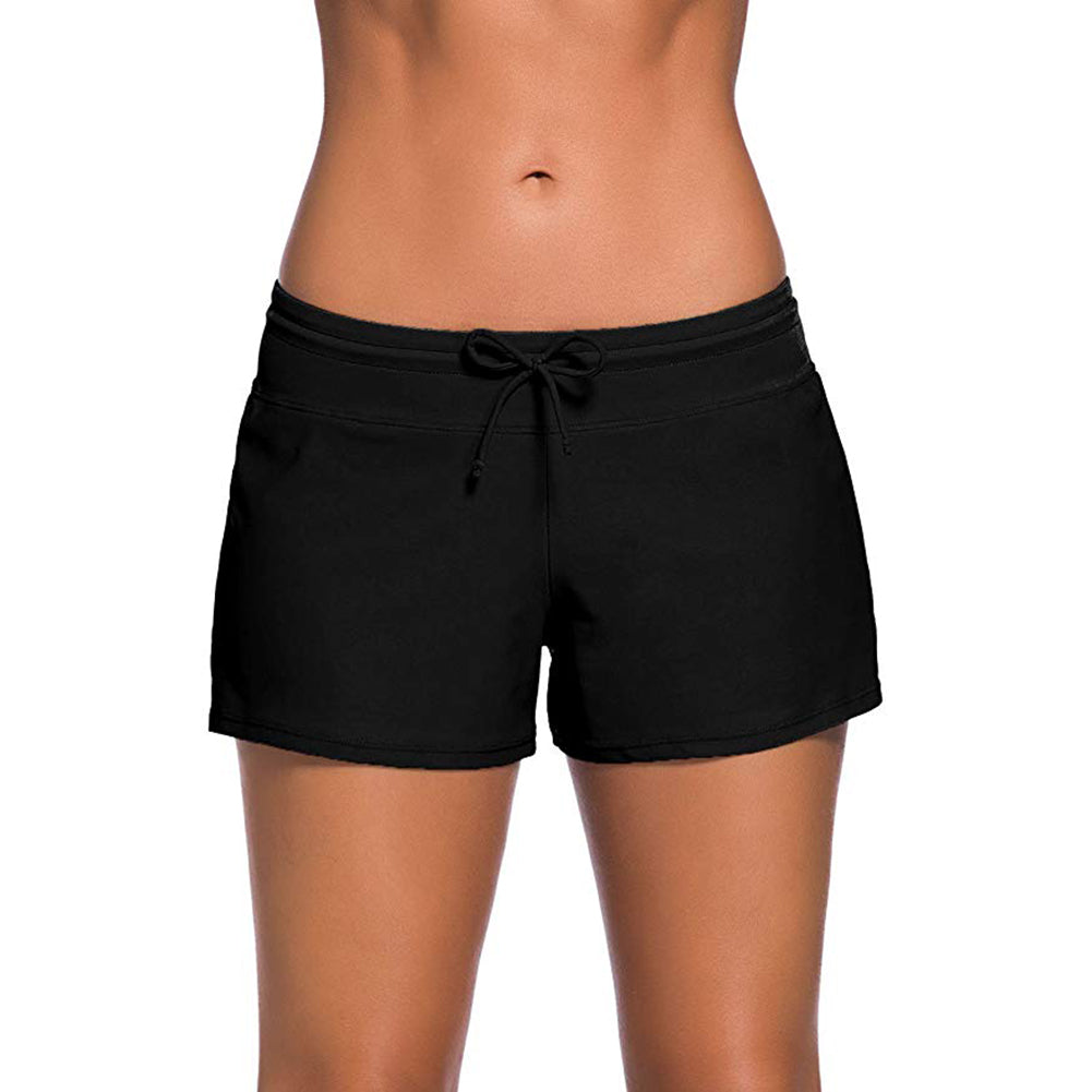 Solid Color Women Drawstring Waistband Swimming Bottoms Summer Beach Boy Shorts