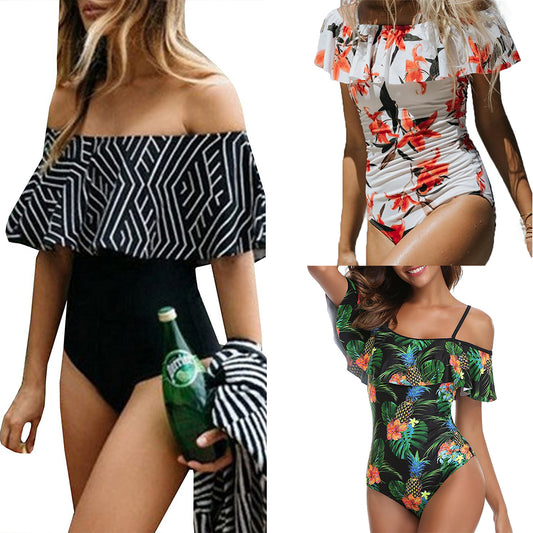 Women One Piece Flounce Swimsuit Floral Printed Off Shoulder Beachwear Suit