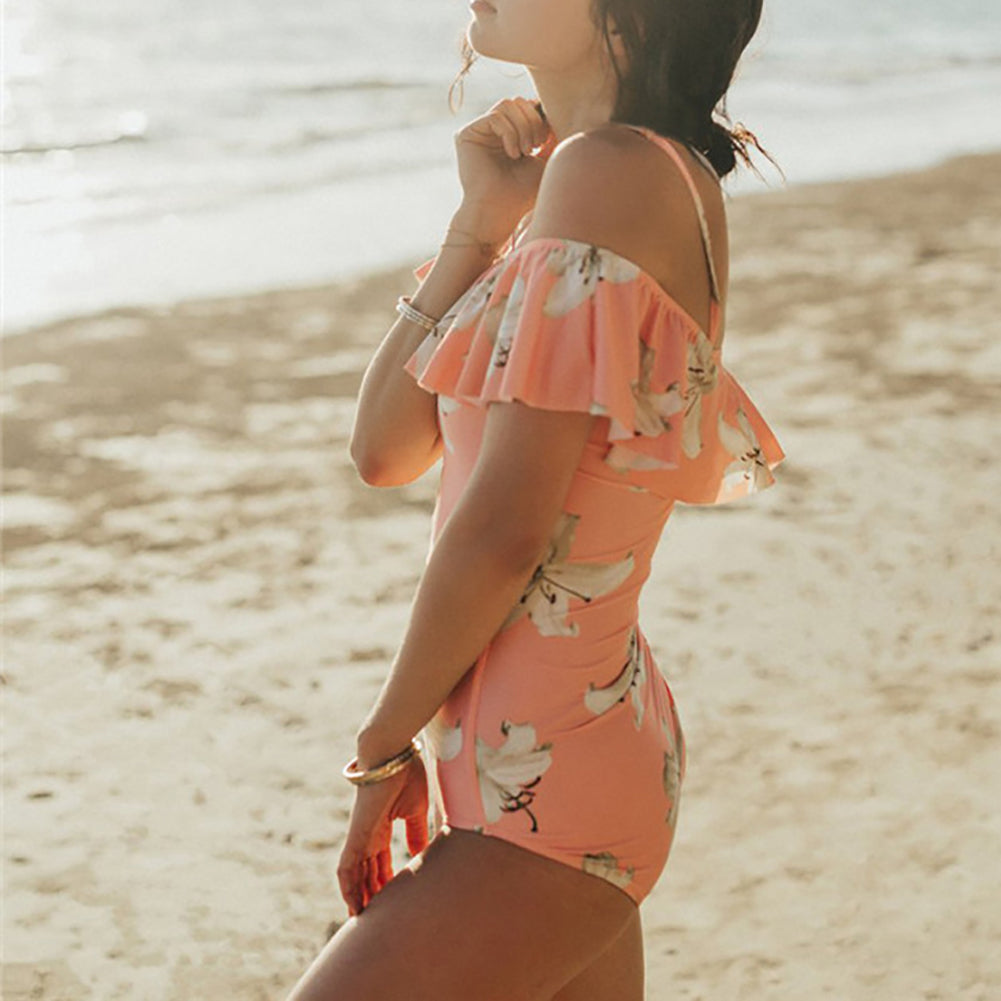 Women One Piece Flounce Swimsuit Floral Printed Off Shoulder Beachwear Suit