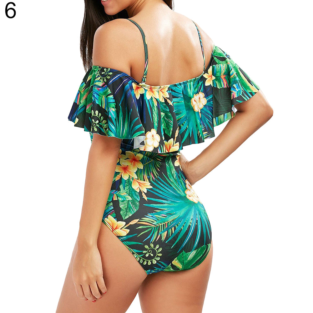 Women One Piece Flounce Swimsuit Floral Printed Off Shoulder Beachwear Suit