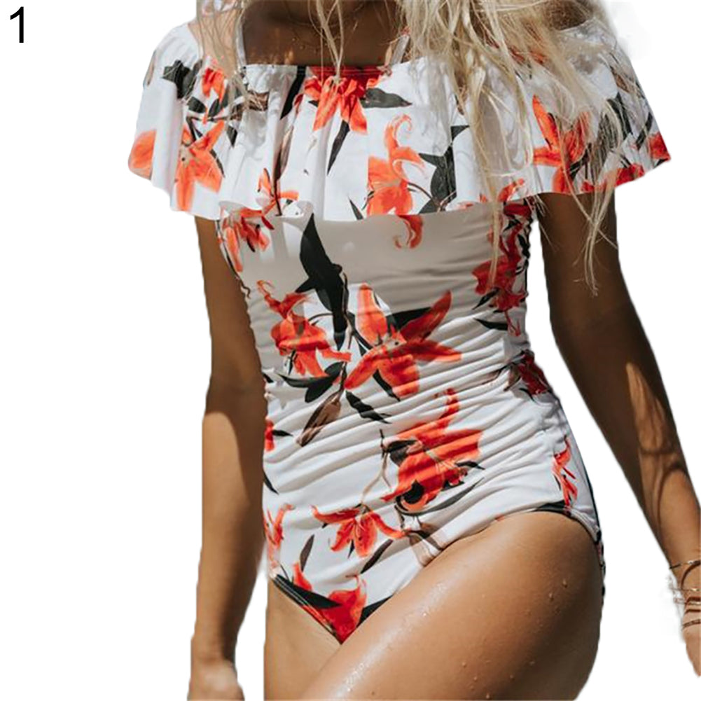 Women One Piece Flounce Swimsuit Floral Printed Off Shoulder Beachwear Suit