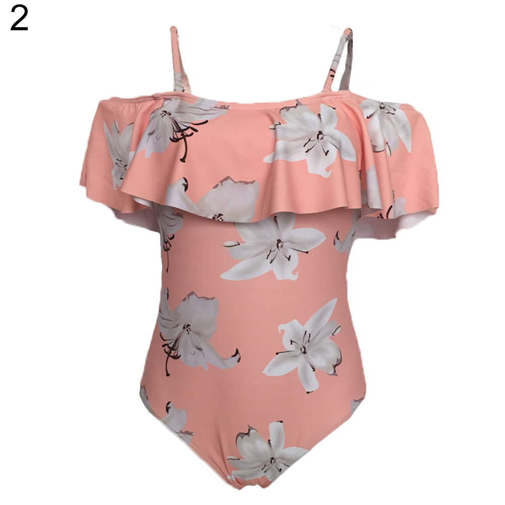 Women One Piece Flounce Swimsuit Floral Printed Off Shoulder Beachwear Suit