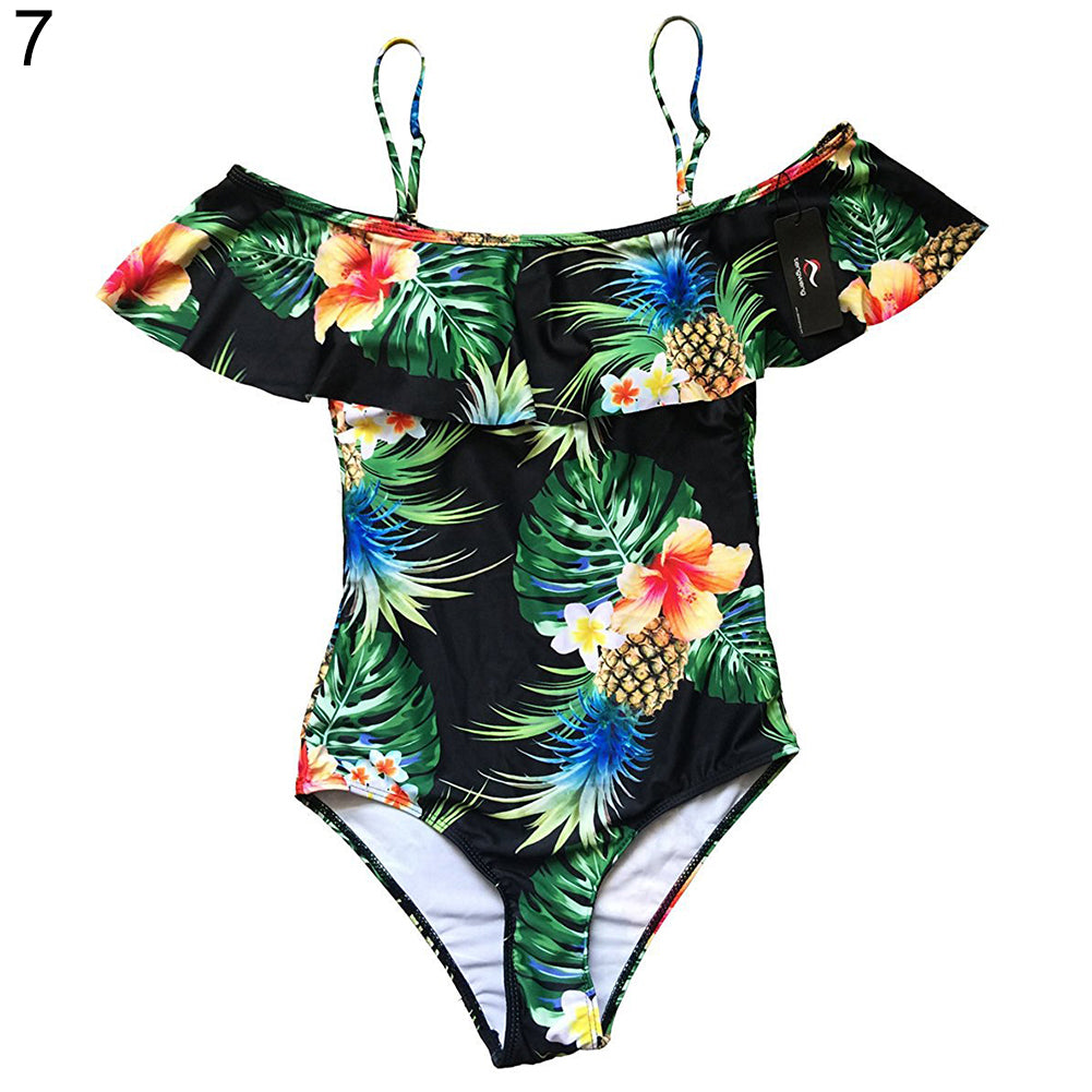 Women One Piece Flounce Swimsuit Floral Printed Off Shoulder Beachwear Suit