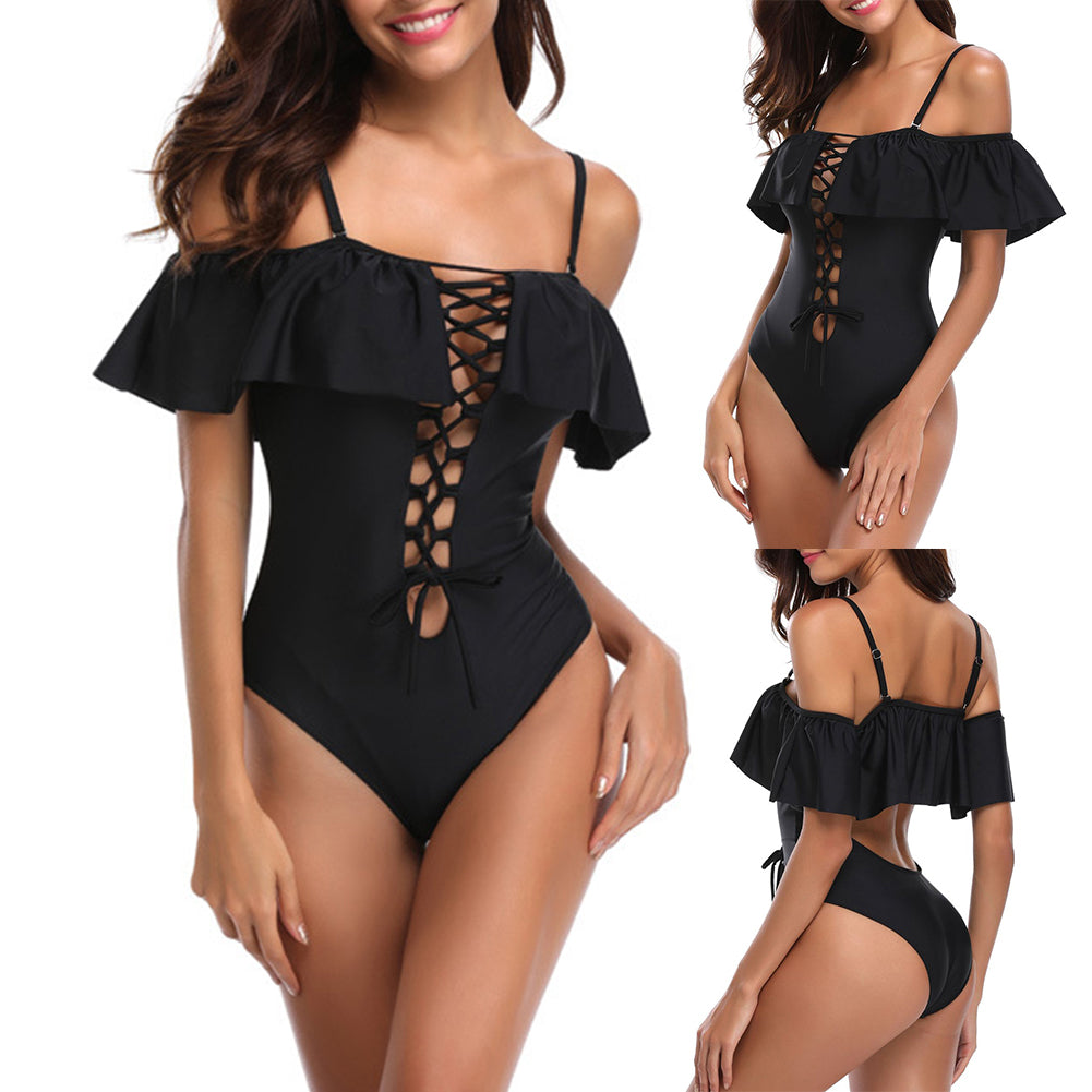 Women Off Shoulder Sexy Chest Tie Bandage Ruffled One Piece Swimwear Monokini