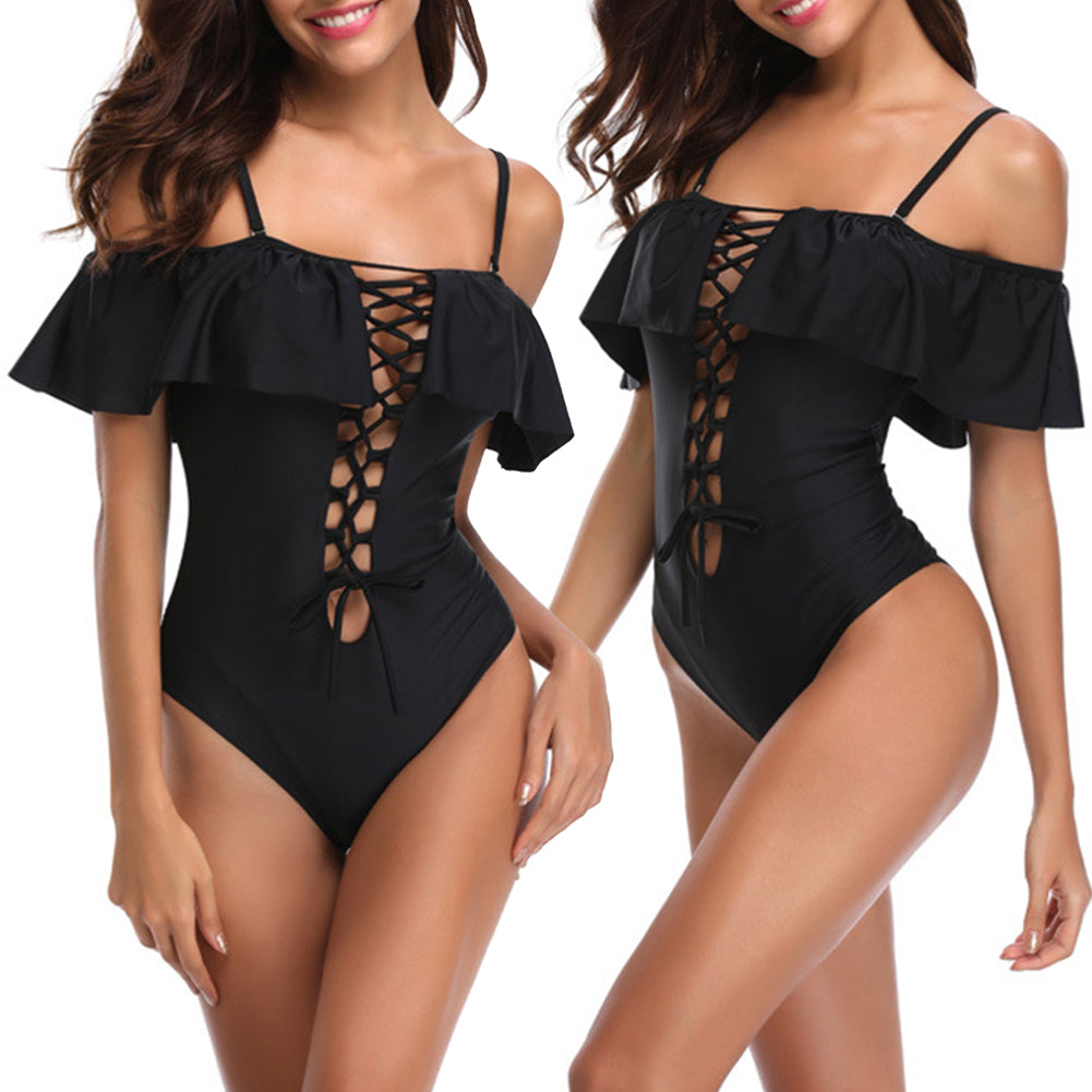 Women Off Shoulder Sexy Chest Tie Bandage Ruffled One Piece Swimwear Monokini