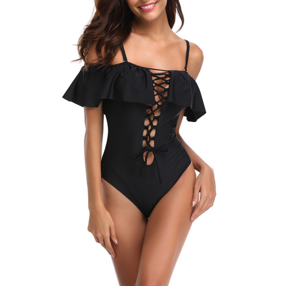 Women Off Shoulder Sexy Chest Tie Bandage Ruffled One Piece Swimwear Monokini