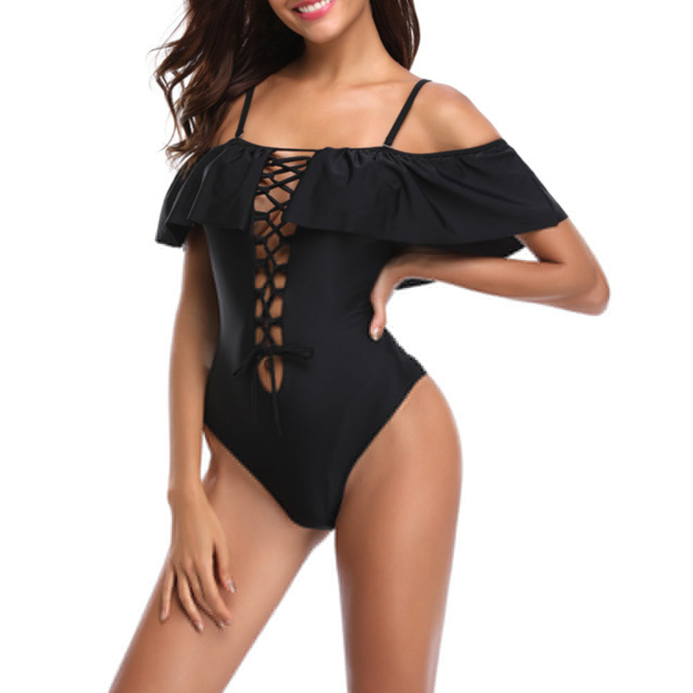 Women Off Shoulder Sexy Chest Tie Bandage Ruffled One Piece Swimwear Monokini