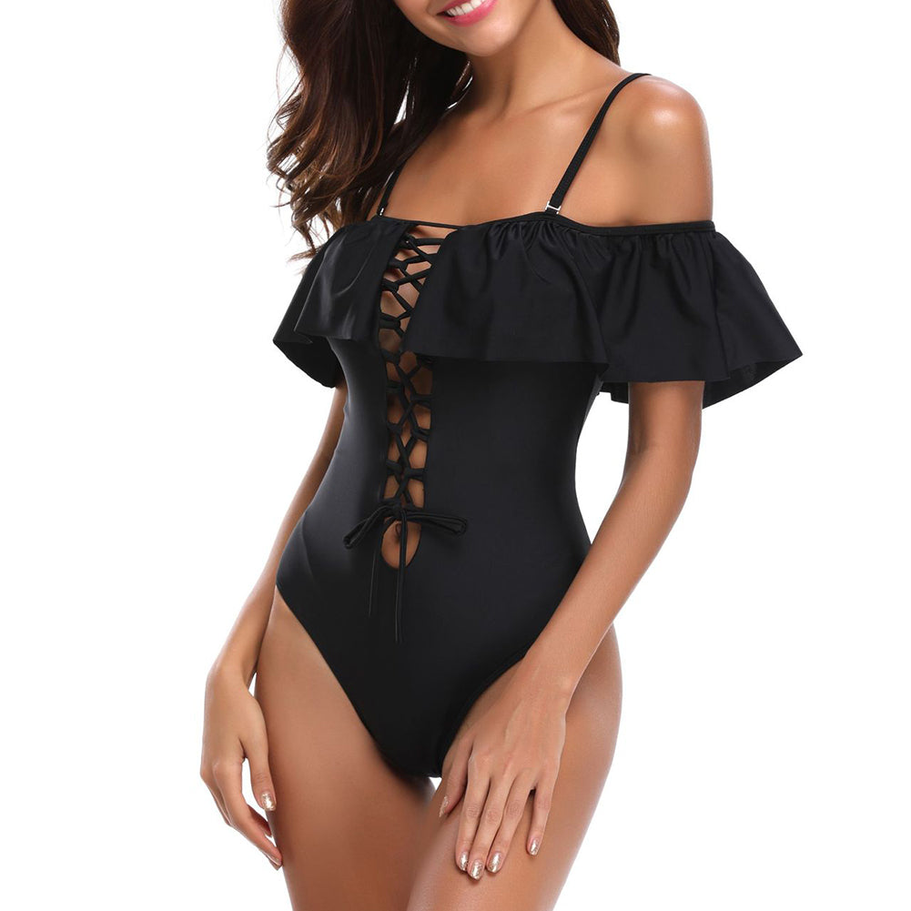 Women Off Shoulder Sexy Chest Tie Bandage Ruffled One Piece Swimwear Monokini