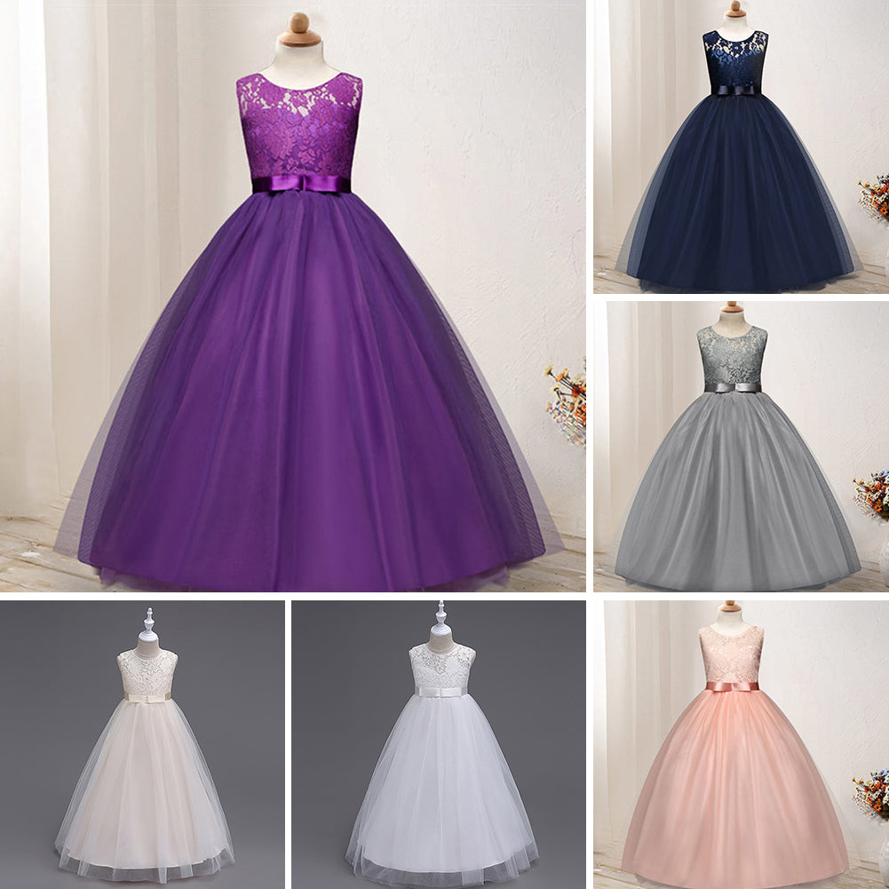 Little Princess Girl Long Formal Evening Dress Wedding Party Bow Lace Ballgown