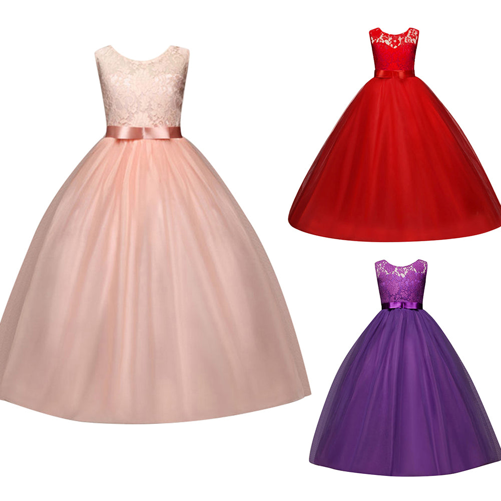 Little Princess Girl Long Formal Evening Dress Wedding Party Bow Lace Ballgown
