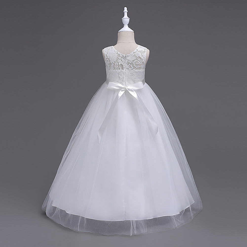 Little Princess Girl Long Formal Evening Dress Wedding Party Bow Lace Ballgown