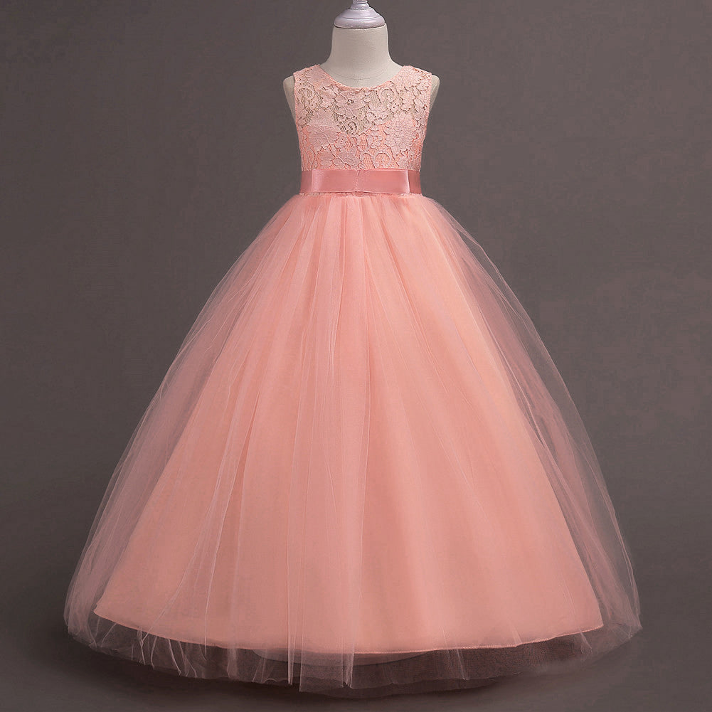 Little Princess Girl Long Formal Evening Dress Wedding Party Bow Lace Ballgown