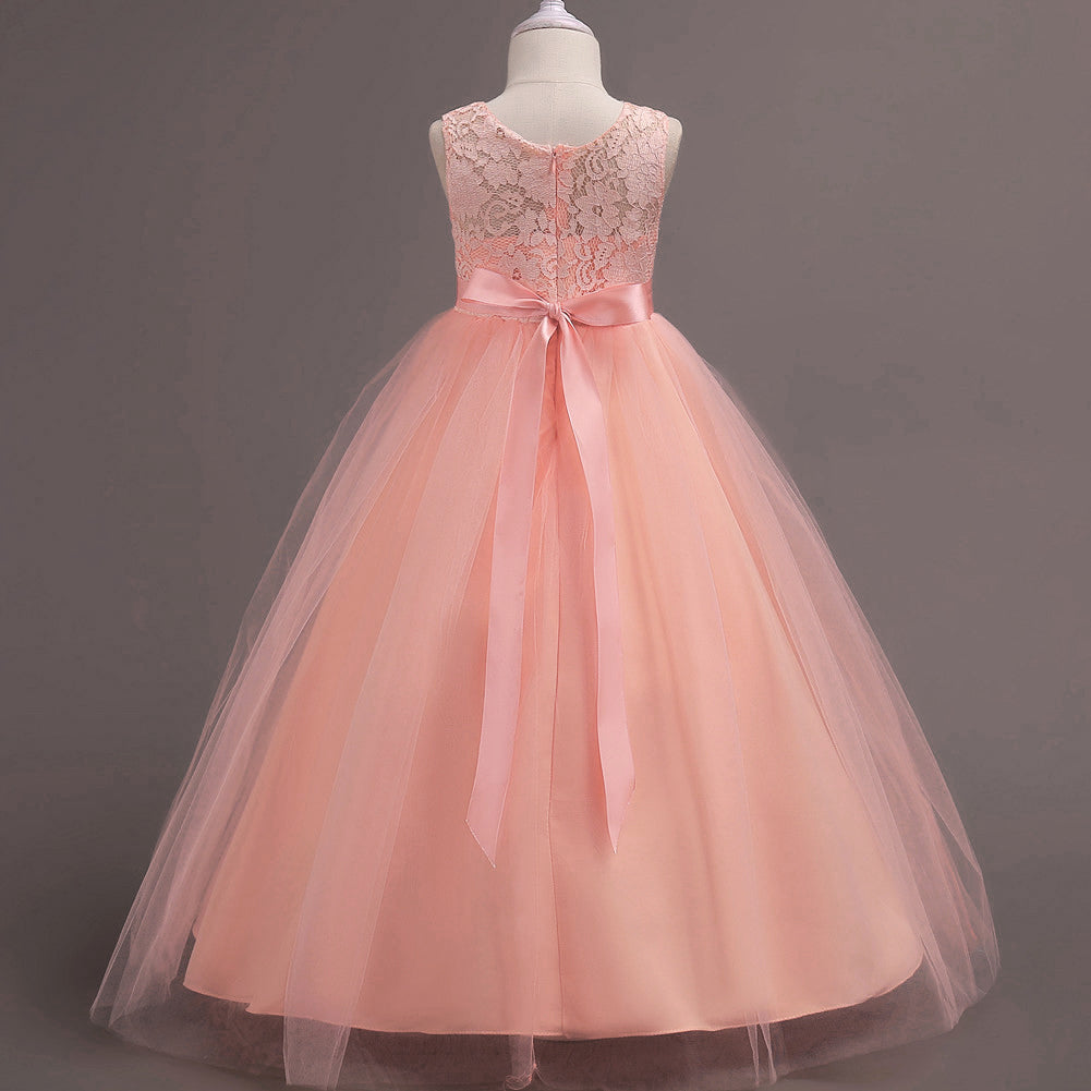 Little Princess Girl Long Formal Evening Dress Wedding Party Bow Lace Ballgown