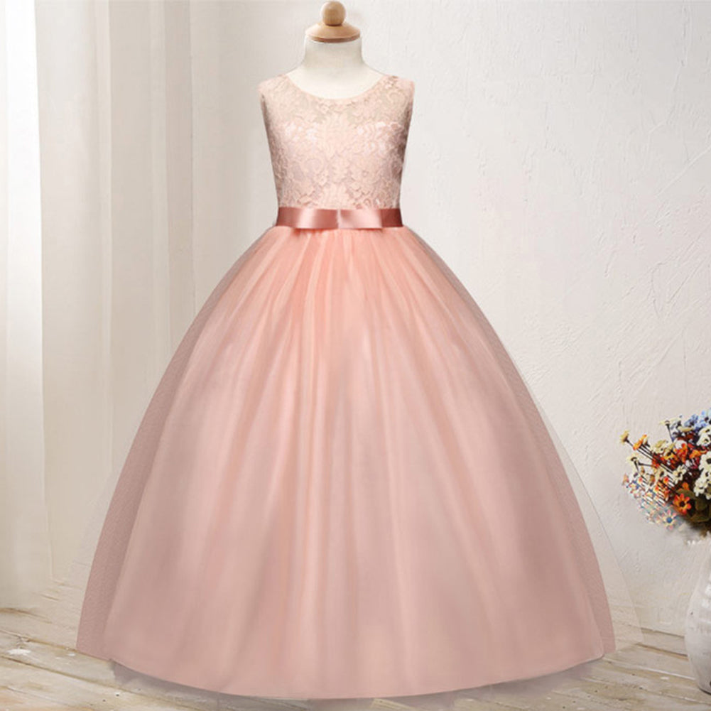 Little Princess Girl Long Formal Evening Dress Wedding Party Bow Lace Ballgown