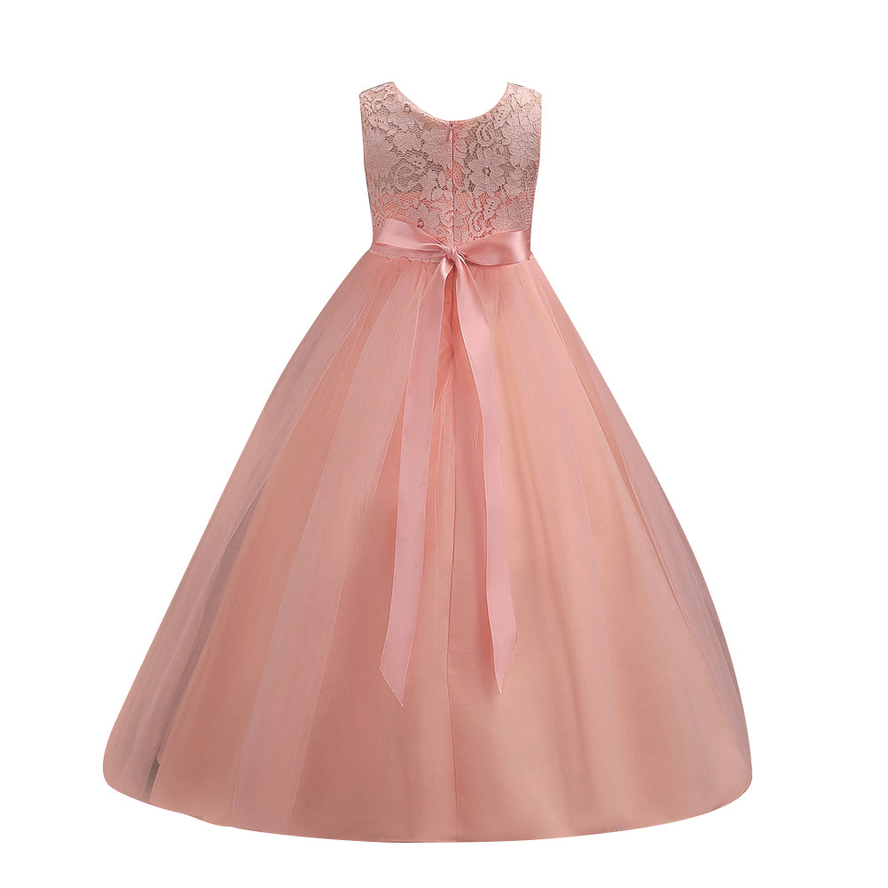 Little Princess Girl Long Formal Evening Dress Wedding Party Bow Lace Ballgown