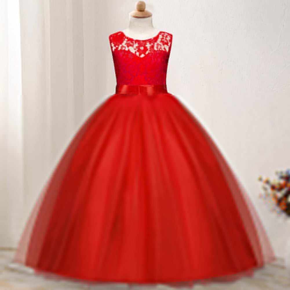 Little Princess Girl Long Formal Evening Dress Wedding Party Bow Lace Ballgown