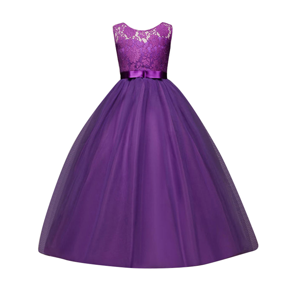 Little Princess Girl Long Formal Evening Dress Wedding Party Bow Lace Ballgown
