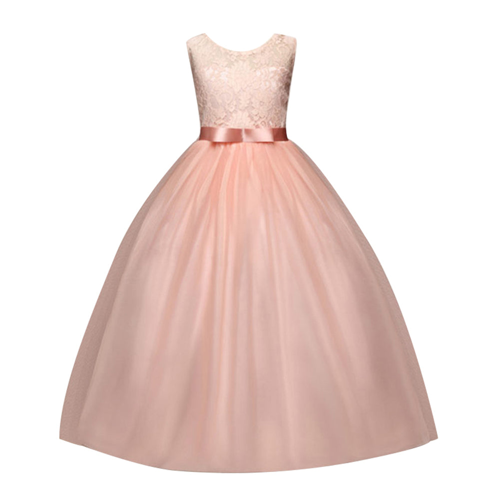 Little Princess Girl Long Formal Evening Dress Wedding Party Bow Lace Ballgown