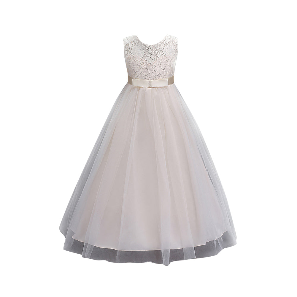 Little Princess Girl Long Formal Evening Dress Wedding Party Bow Lace Ballgown