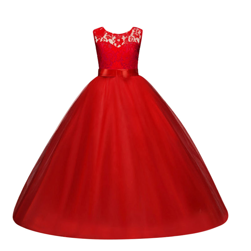 Little Princess Girl Long Formal Evening Dress Wedding Party Bow Lace Ballgown