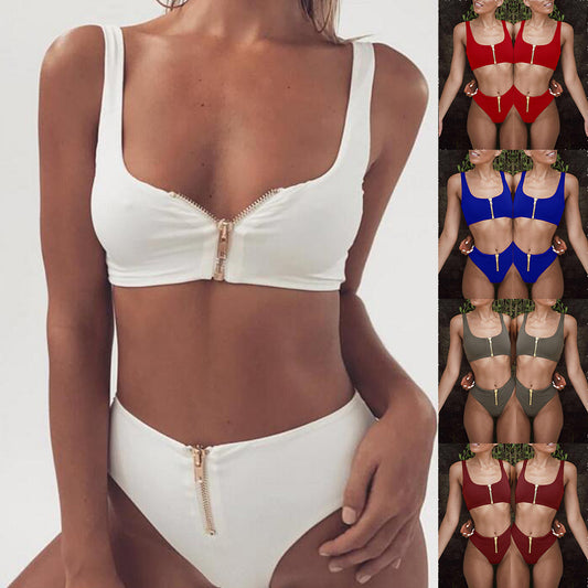 Summer Women Zip Up Tank Top High Waist Bottoms Swimsuit Bathing Suit Swimwear