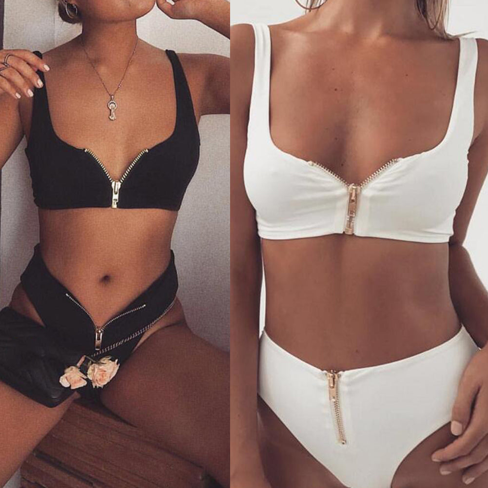 Summer Women Zip Up Tank Top High Waist Bottoms Swimsuit Bathing Suit Swimwear