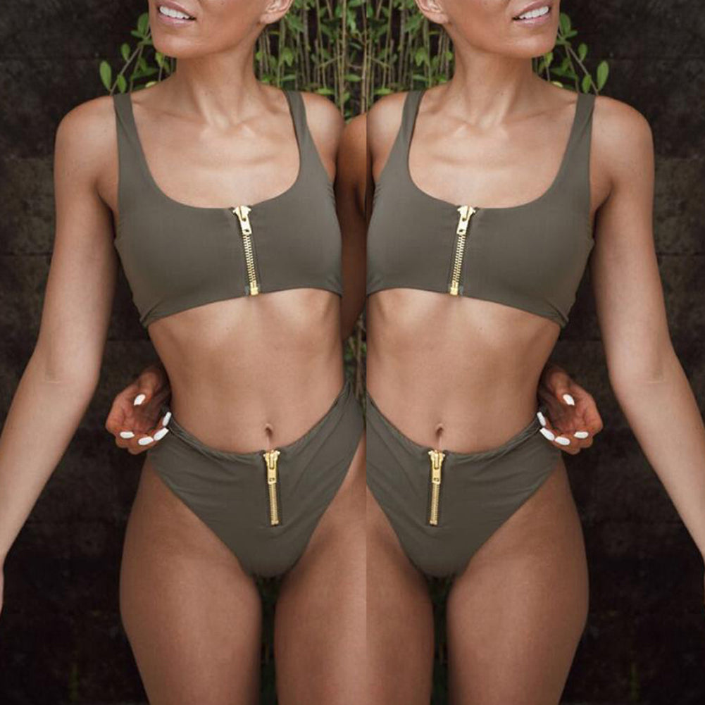Summer Women Zip Up Tank Top High Waist Bottoms Swimsuit Bathing Suit Swimwear