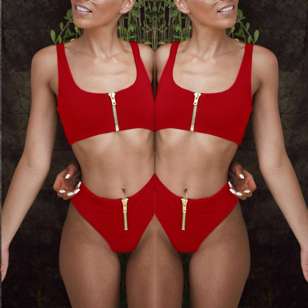 Summer Women Zip Up Tank Top High Waist Bottoms Swimsuit Bathing Suit Swimwear