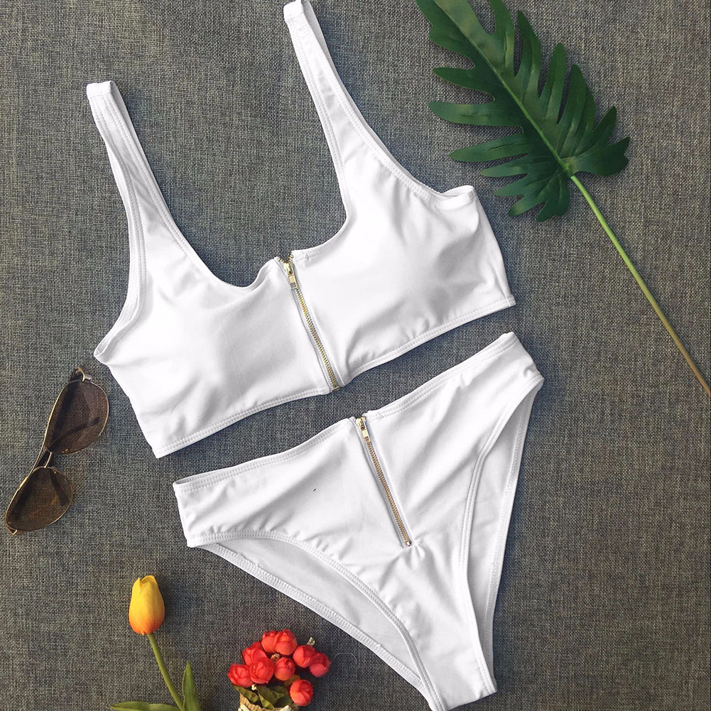 Summer Women Zip Up Tank Top High Waist Bottoms Swimsuit Bathing Suit Swimwear