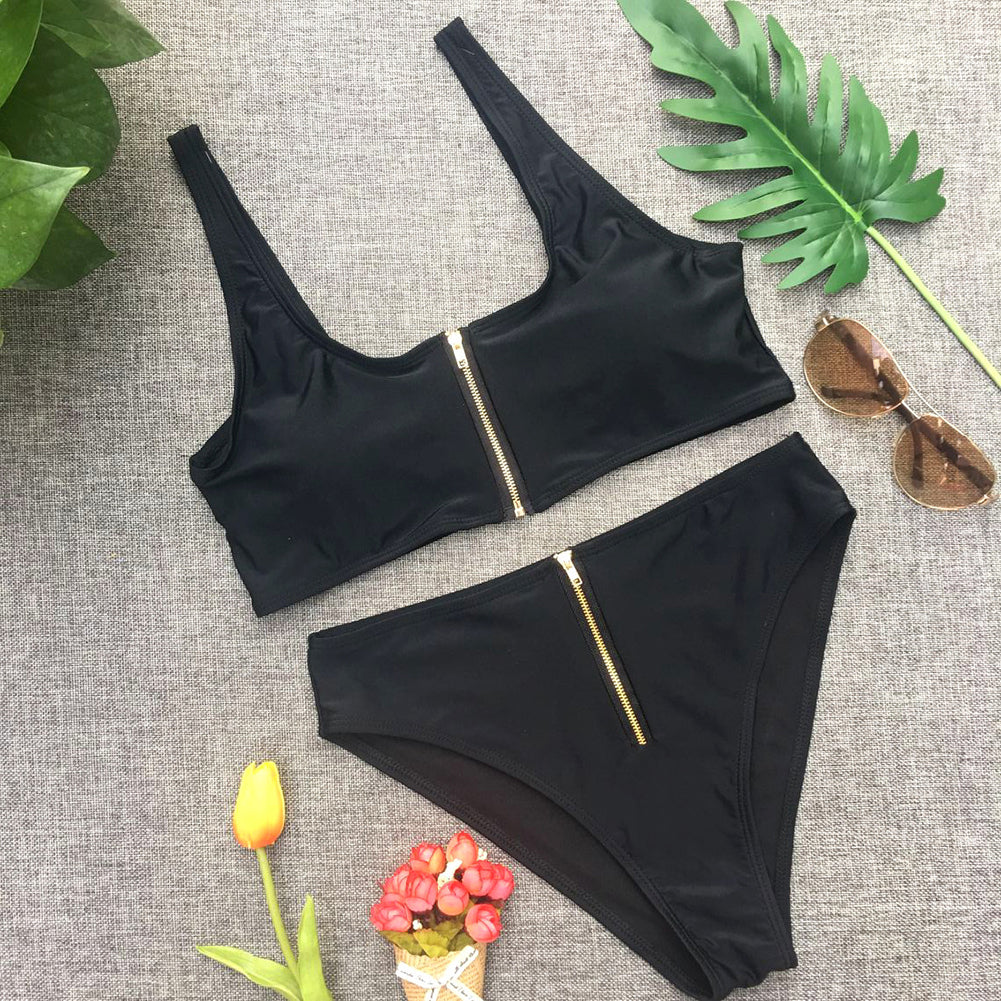 Summer Women Zip Up Tank Top High Waist Bottoms Swimsuit Bathing Suit Swimwear