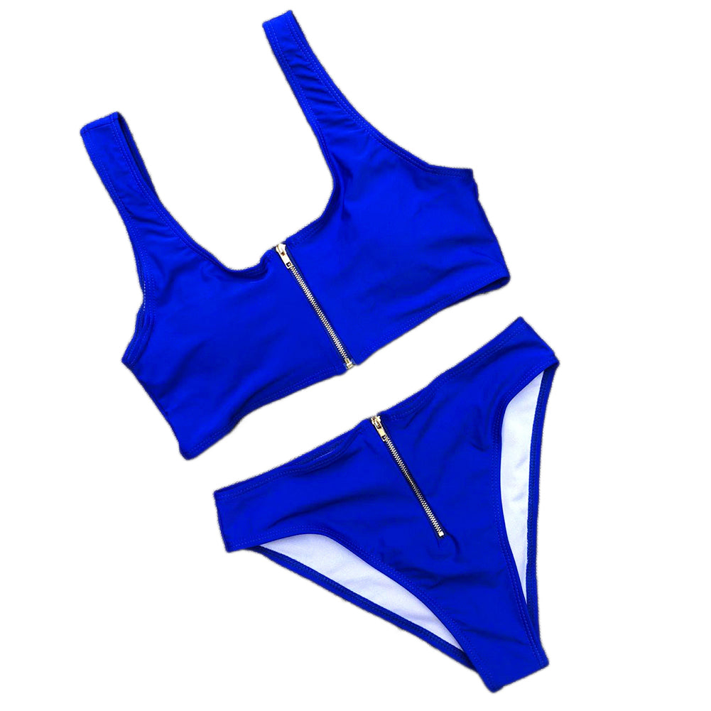 Summer Women Zip Up Tank Top High Waist Bottoms Swimsuit Bathing Suit Swimwear