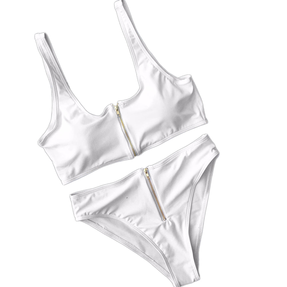 Summer Women Zip Up Tank Top High Waist Bottoms Swimsuit Bathing Suit Swimwear