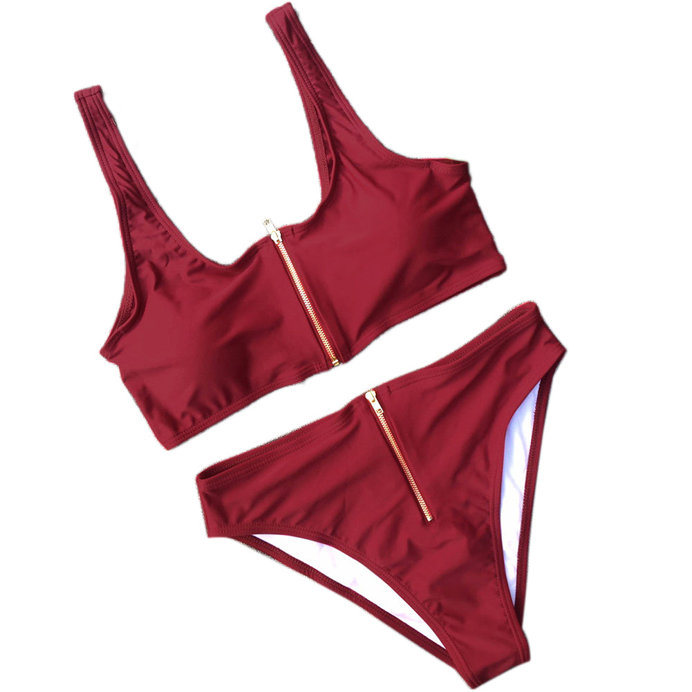 Summer Women Zip Up Tank Top High Waist Bottoms Swimsuit Bathing Suit Swimwear