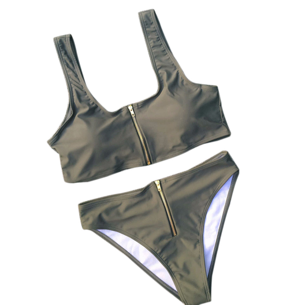 Summer Women Zip Up Tank Top High Waist Bottoms Swimsuit Bathing Suit Swimwear