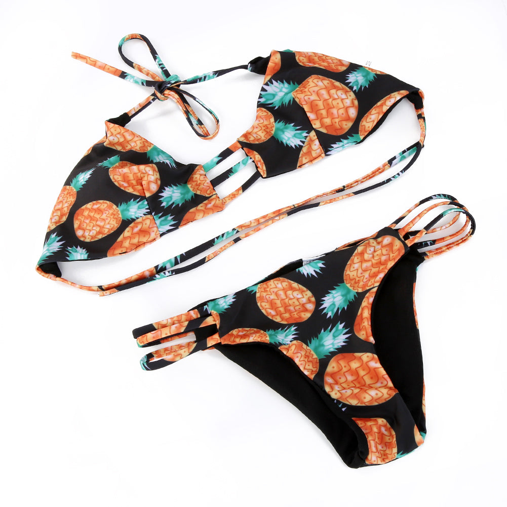 Women Sexy Fashion Pineapple Print Bandage Swimsuit Summer Beachwear Bikini Set