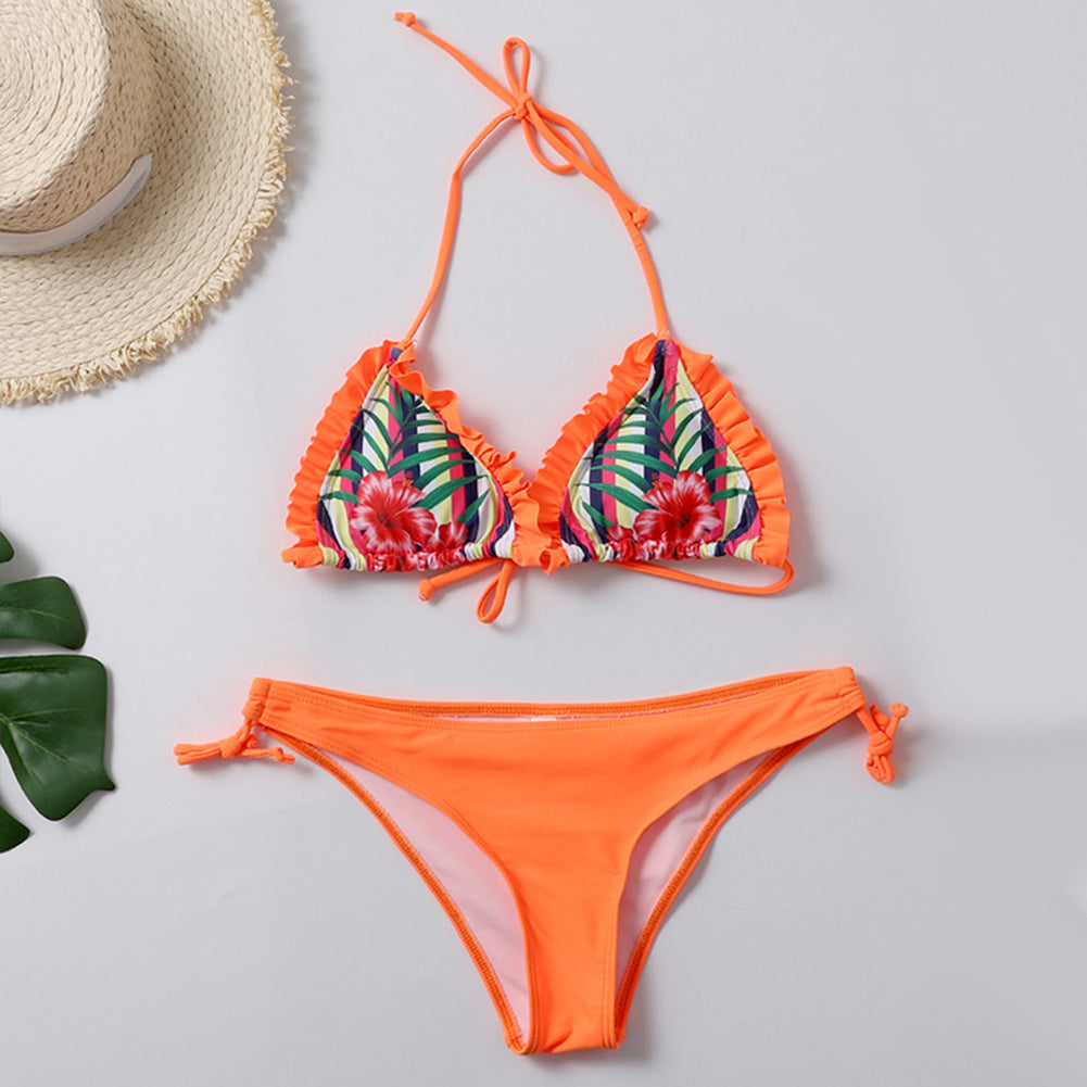 Flower Leaf Print Halter Ruffled Bikini Set Women Two-piece Swimsuit Swimwear