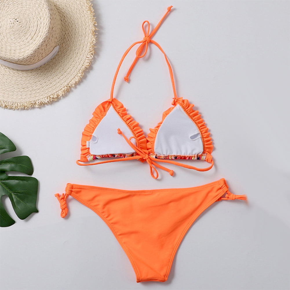 Flower Leaf Print Halter Ruffled Bikini Set Women Two-piece Swimsuit Swimwear
