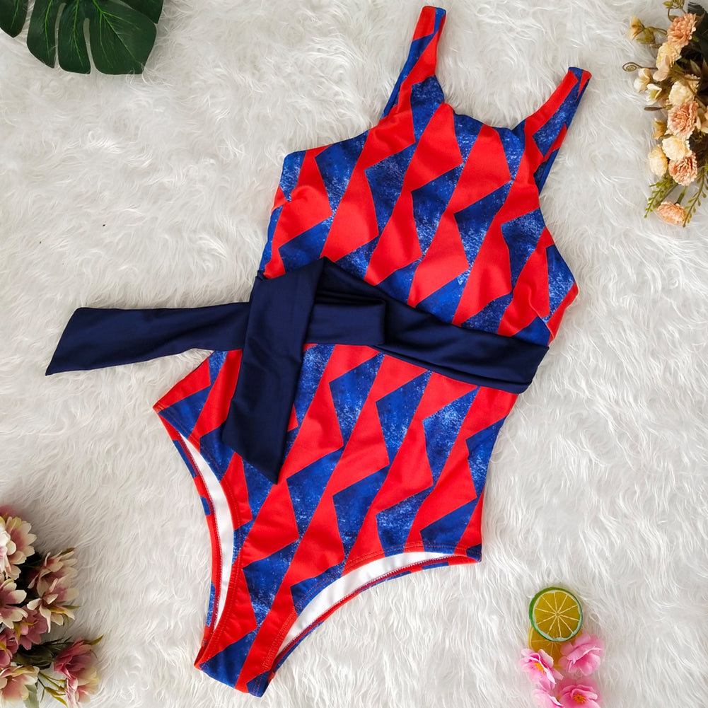 Sexy Triangle Print Women Monokini Bandage Backless One-piece Beach Swimwear