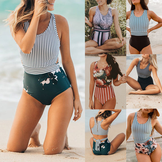 Stripe Patchwork Bandage Cutout Monokini Women Sexy One-piece Beach Swimwear
