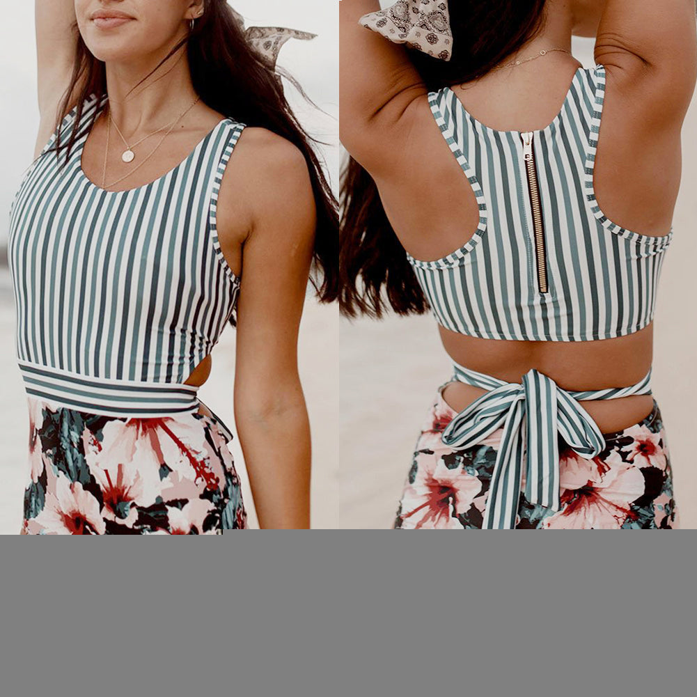 Stripe Patchwork Bandage Cutout Monokini Women Sexy One-piece Beach Swimwear