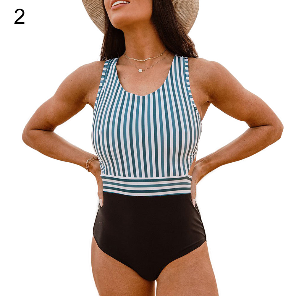 Stripe Patchwork Bandage Cutout Monokini Women Sexy One-piece Beach Swimwear