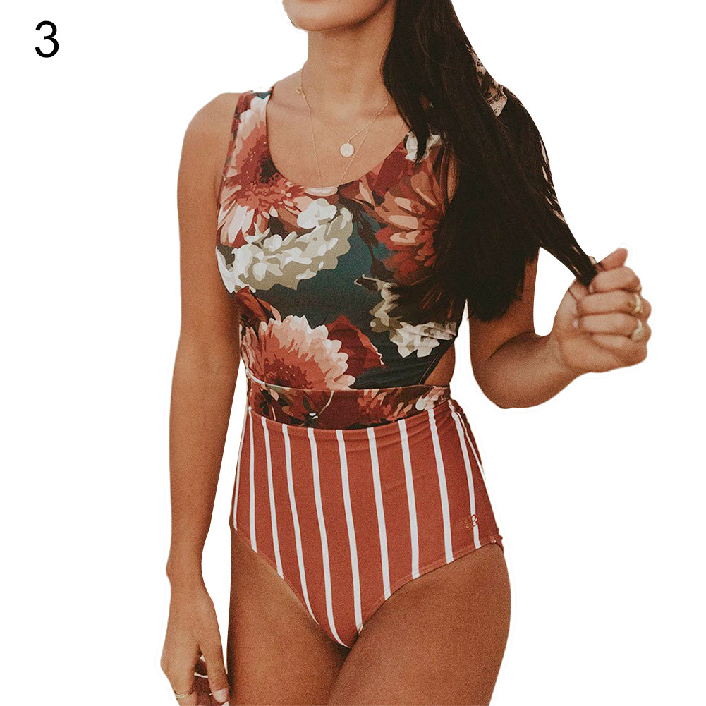 Stripe Patchwork Bandage Cutout Monokini Women Sexy One-piece Beach Swimwear