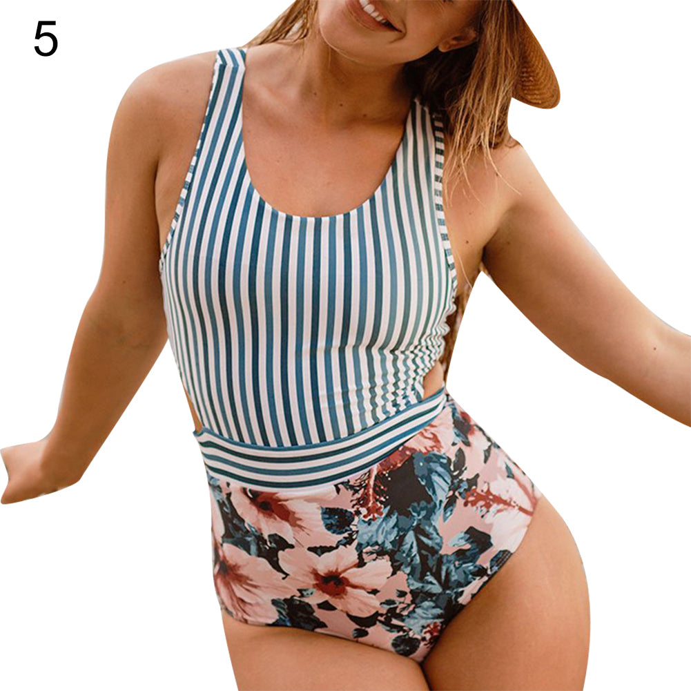 Stripe Patchwork Bandage Cutout Monokini Women Sexy One-piece Beach Swimwear