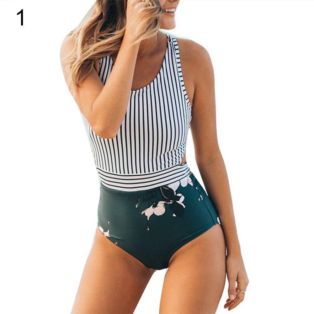 Stripe Patchwork Bandage Cutout Monokini Women Sexy One-piece Beach Swimwear