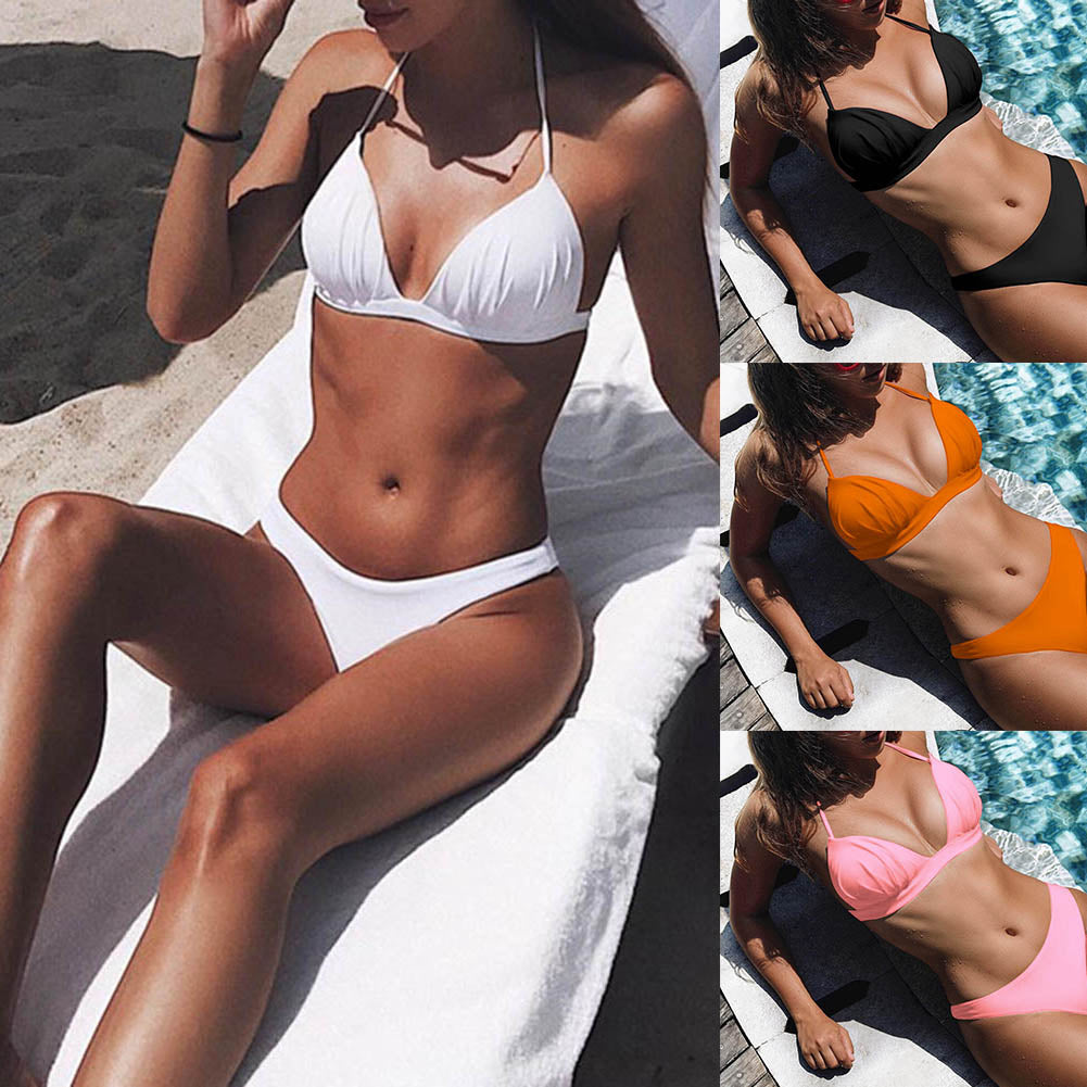 Solid Color Halter Bandage Summer Bikini Set Women Two-piece Swimsuit Swimwear