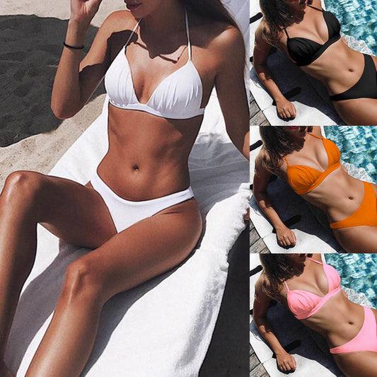 Solid Color Halter Bandage Summer Bikini Set Women Two-piece Swimsuit Swimwear